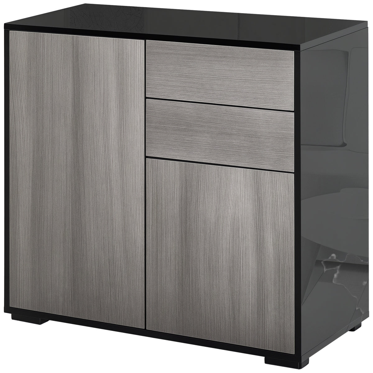 Light gray wood-grain sideboard with black glossy top and sides, one door, and two drawers.