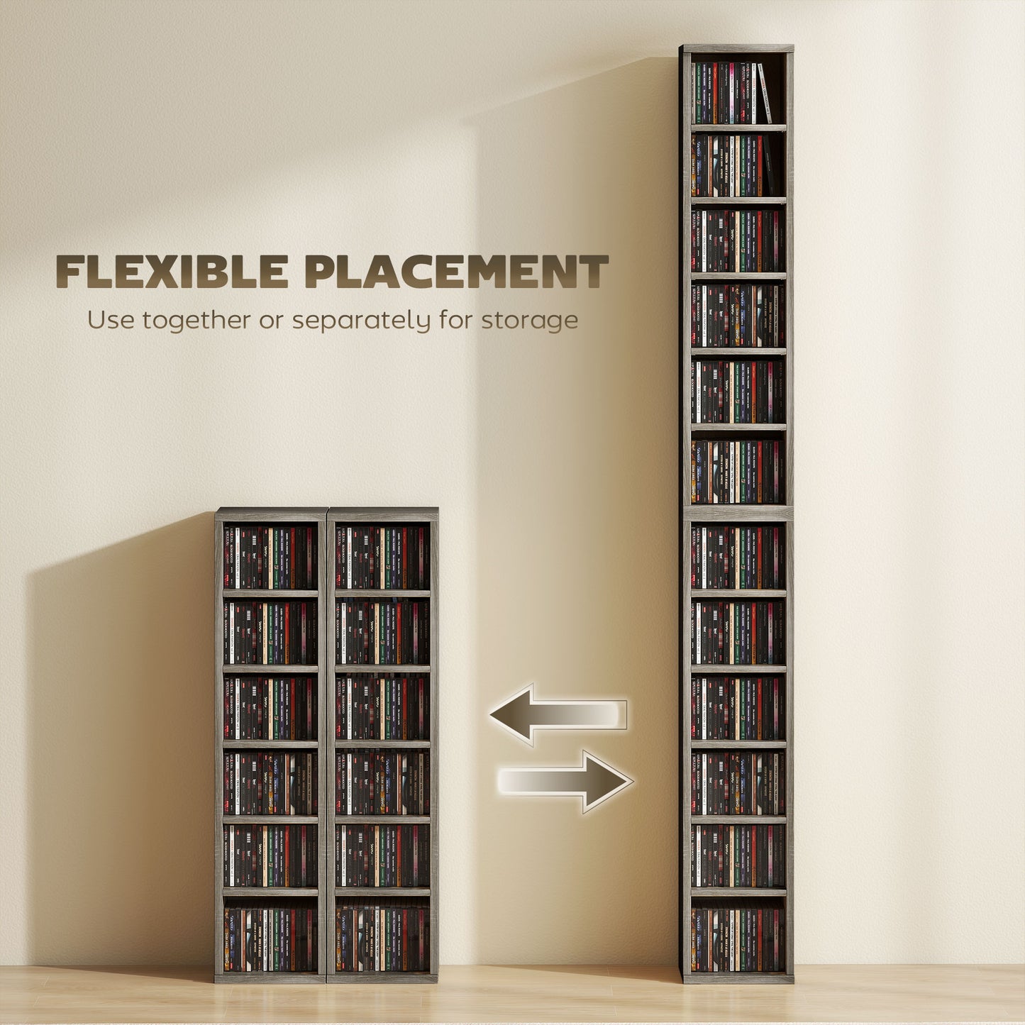HOMCOM Set of 2 CD Media Display Shelf Unit Tower Rack with Adjustable Shelves, Mocha Wood Effect