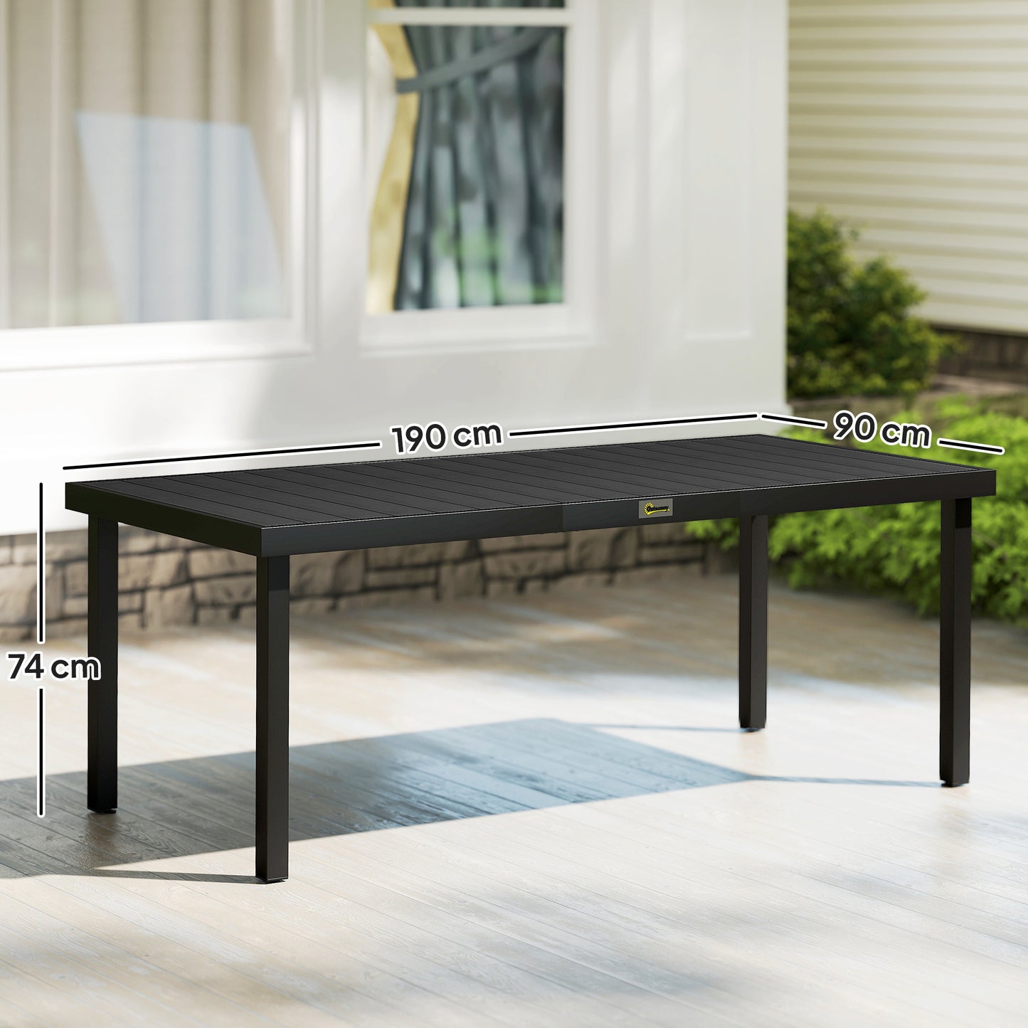 Outsunny Aluminium Outdoor Garden Dining Table for 8 People, Faux Wood Top, for Garden, Patio, 190 x 90 x 74cm, Black