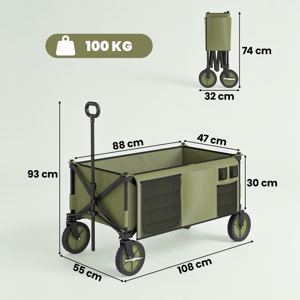 Green folding wagon with mesh side panel, shown open and folded with dimensions and 100 kg capacity