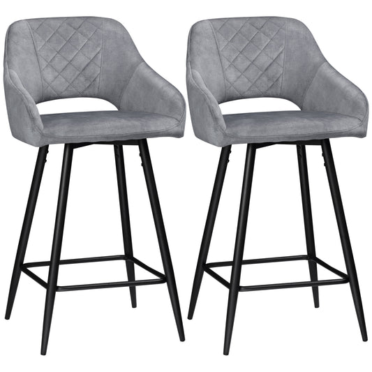 Pair of grey velvet-touch bar stools with quilted backs, armrests and black steel legs