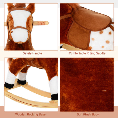 Rocking horse detail panels show safety handle, padded saddle, wooden base, and plush fabric