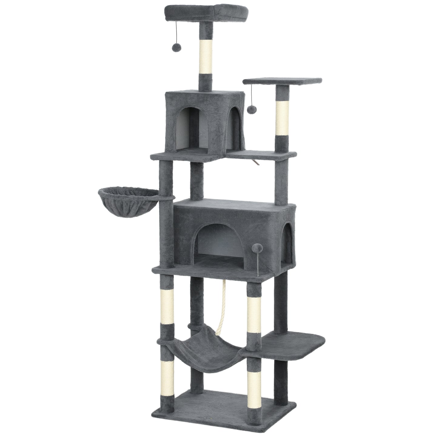 Photo of PawHut 202cm Large Cat Tree with 6 Scratching Posts, 2 Hammocks, 2 Condos, 2 Perches, Pompoms, for Indoor Cats to Rest and Play in Play colour on a white background