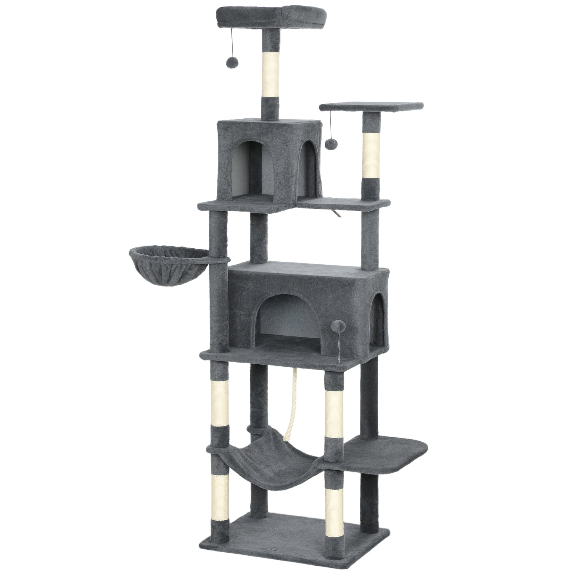 Photo of PawHut 202cm Large Cat Tree with 6 Scratching Posts, 2 Hammocks, 2 Condos, 2 Perches, Pompoms, for Indoor Cats to Rest and Play in Play colour on a white background