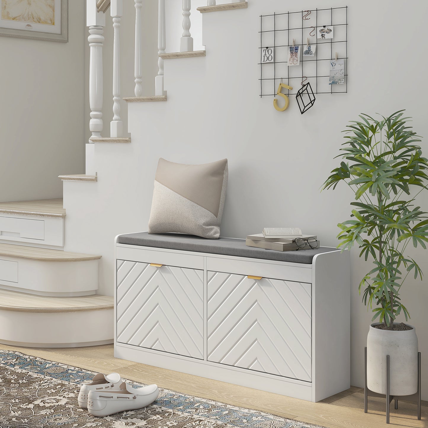 HOMCOM Shoe Storage with Seat, Upholstered Entryway Bench, Shoe Bench with 2 Flip Drawers and 4 Vents for 8 Pairs of Shoes