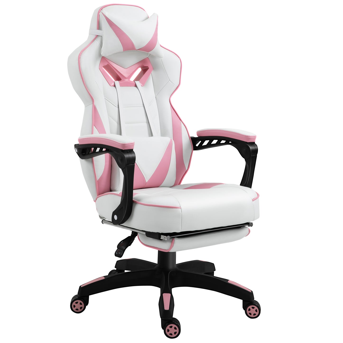 Photo of Vinsetto Computer Gaming Chair, Racing Desk Chair with Lumbar Support and Footrest, PU Leather Gamer Chair with Headrest and Swivel Wheels for Home, Pink in Pink colour on a white background