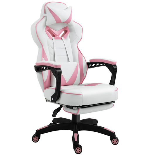 Photo of Vinsetto Computer Gaming Chair, Racing Desk Chair with Lumbar Support and Footrest, PU Leather Gamer Chair with Headrest and Swivel Wheels for Home, Pink in Pink colour on a white background