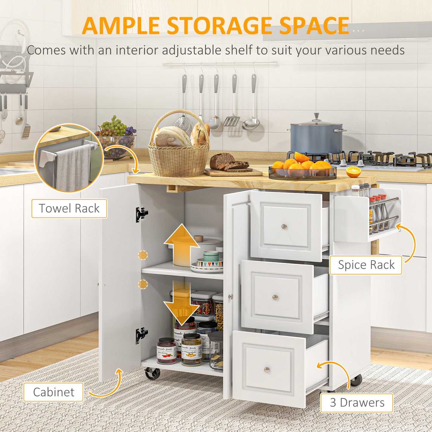 HOMCOM Kitchen Island on Wheels, Rolling Kitchen Storage Trolley with Drop Leaf, Drawers, Towel and Spice Rack, White