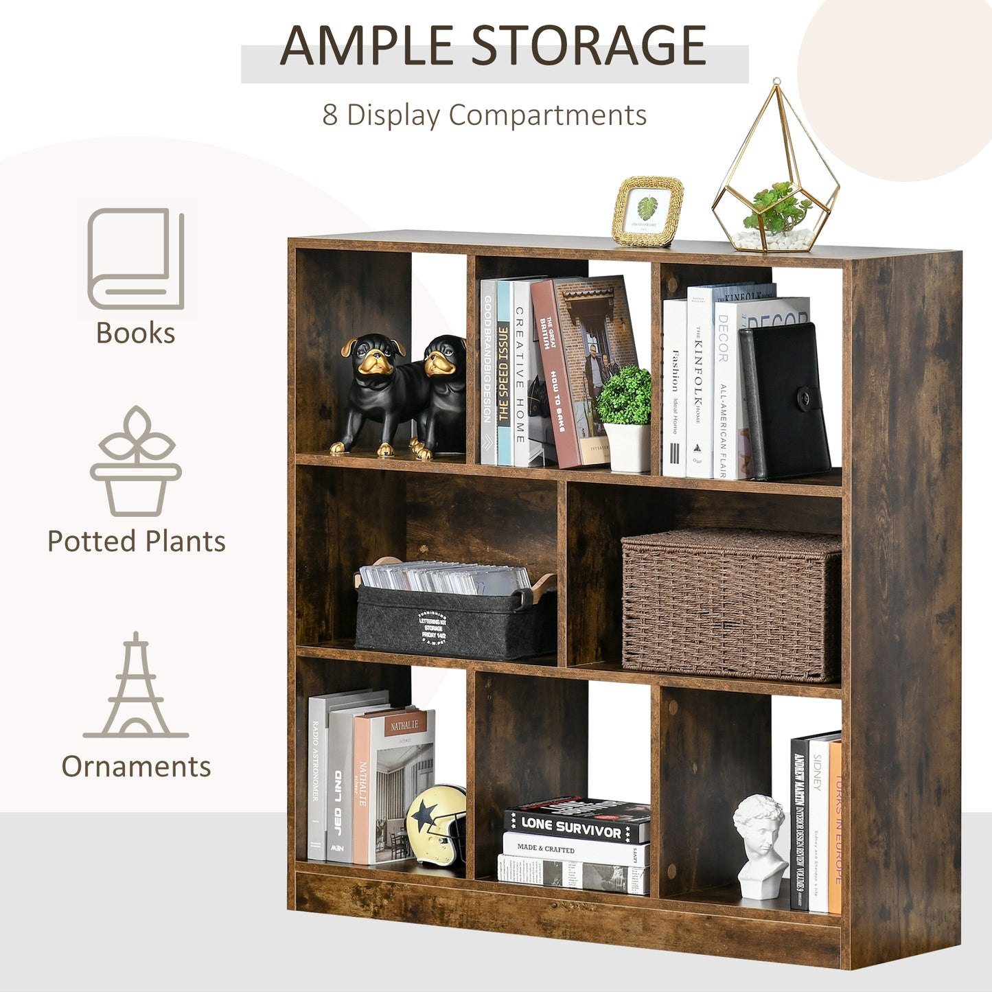 HOMCOM 3-Tier Bookcase, Storage Shelf Unit with Open Compartments, for Living Room, Bedroom, Office, Divider, 97.5 x 30 x 100 cm, Rustic Brown