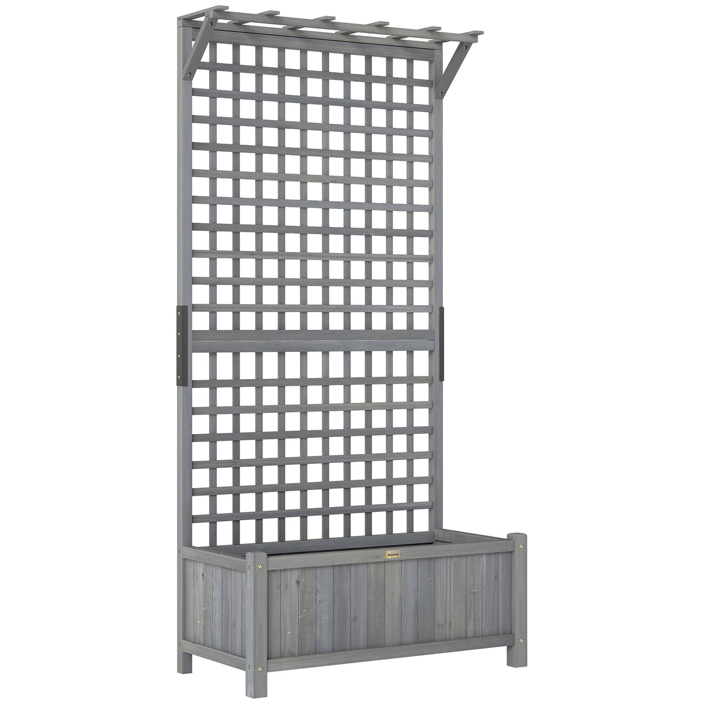 Photo of Outsunny Raised Bed with Drainage Holes, Wood Planter with Trellis for Climbing Plants, Dark Grey in Grey colour on a white background
