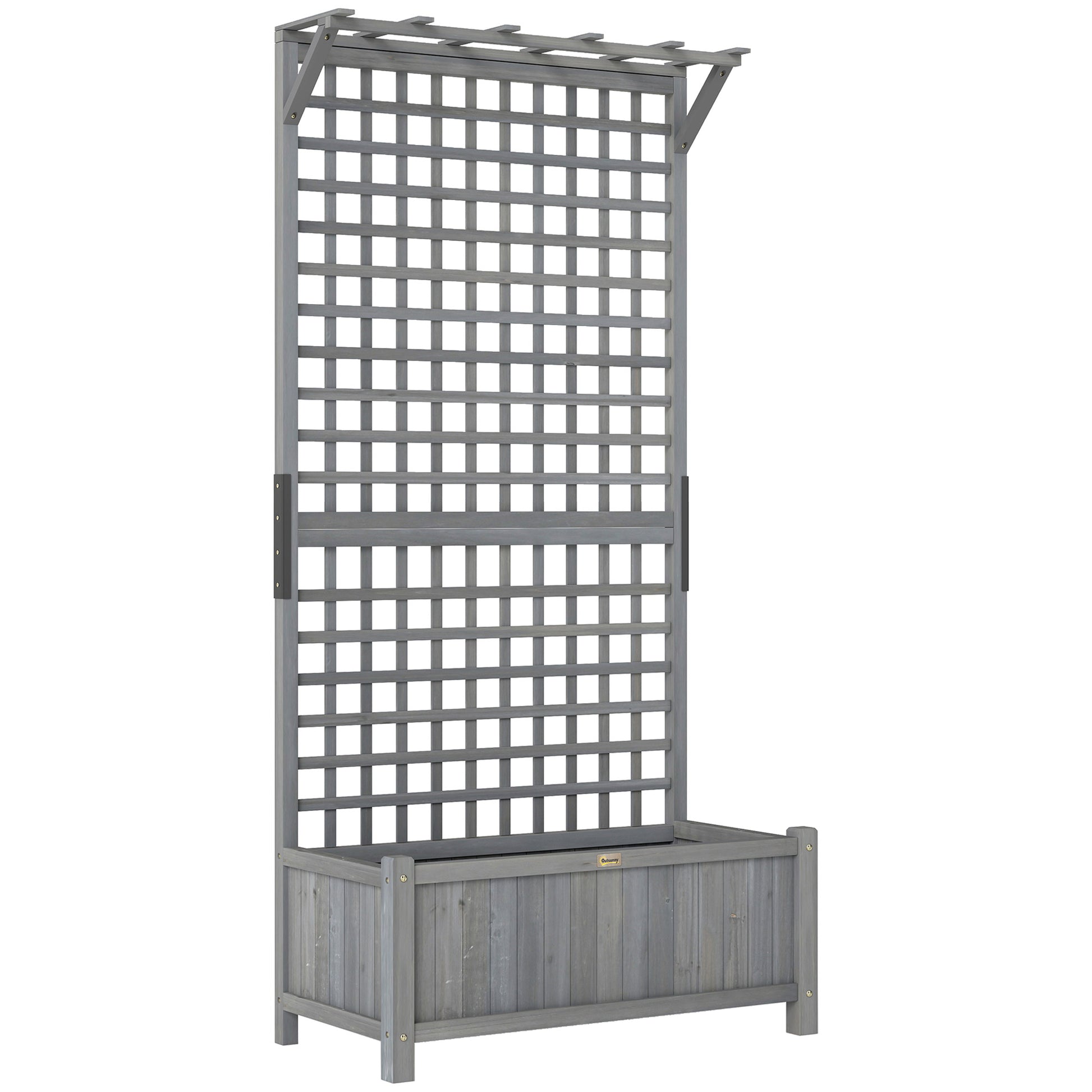 Photo of Outsunny Raised Bed with Drainage Holes, Wood Planter with Trellis for Climbing Plants, Dark Grey in Grey colour on a white background