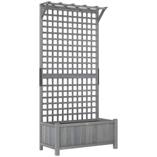 Photo of Outsunny Raised Bed with Drainage Holes, Wood Planter with Trellis for Climbing Plants, Dark Grey in Grey colour on a white background