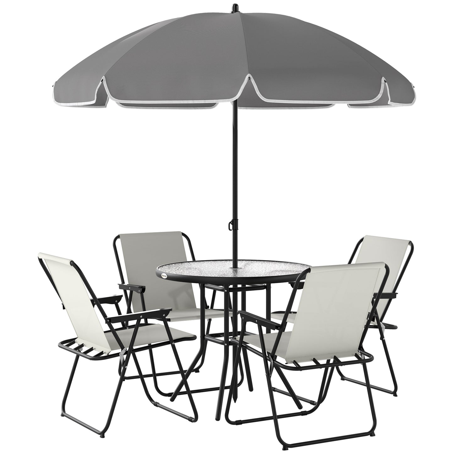 Photo of Outsunny 4 Seater Garden Furniture Set, 6 Pieces Garden Table and Chairs with Parasol, Outdoor Garden Dining Set with Folding Chairs and Round Glass Top Table for Patio, Cream White in White colour on a white background