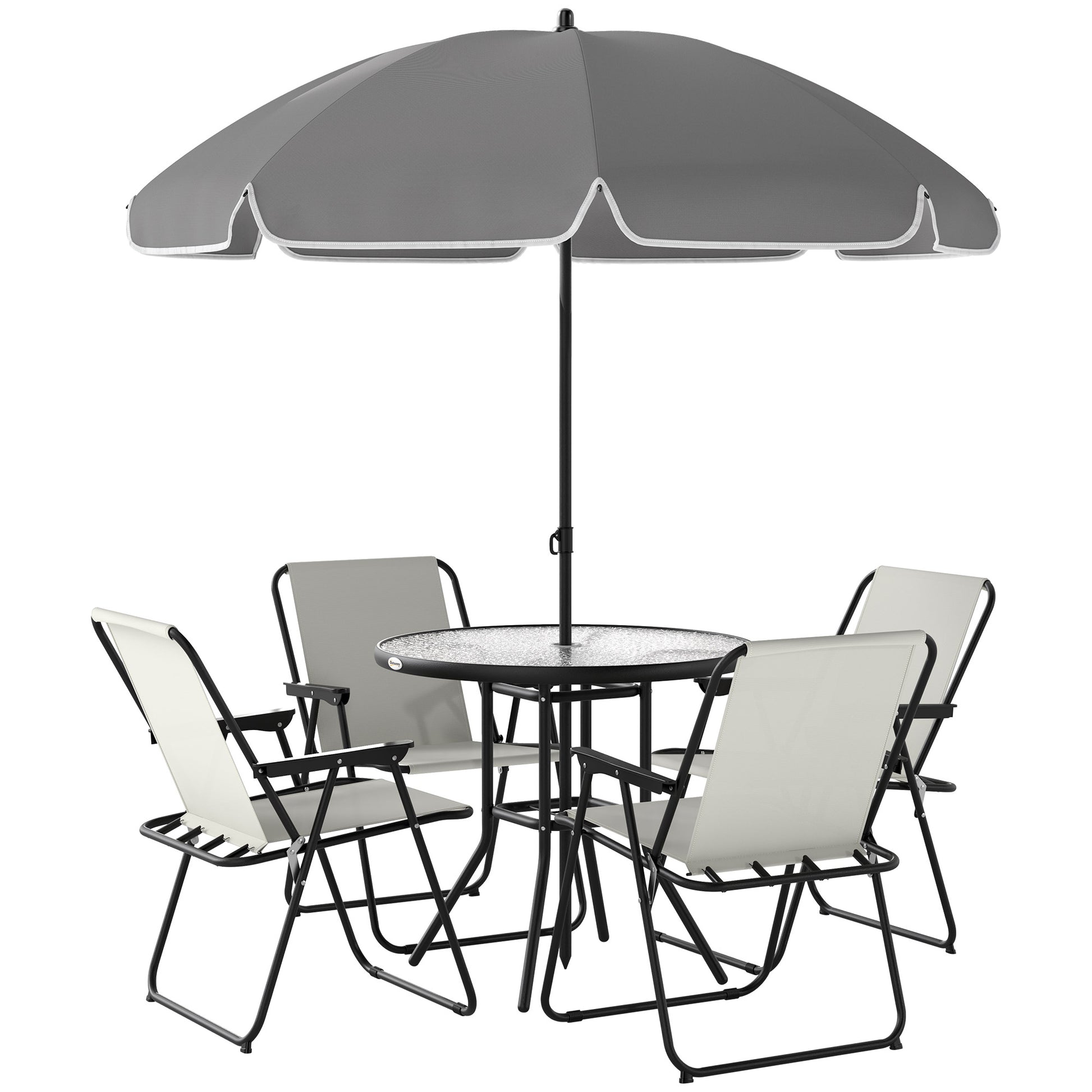 Photo of Outsunny 4 Seater Garden Furniture Set, 6 Pieces Garden Table and Chairs with Parasol, Outdoor Garden Dining Set with Folding Chairs and Round Glass Top Table for Patio, Cream White in White colour on a white background