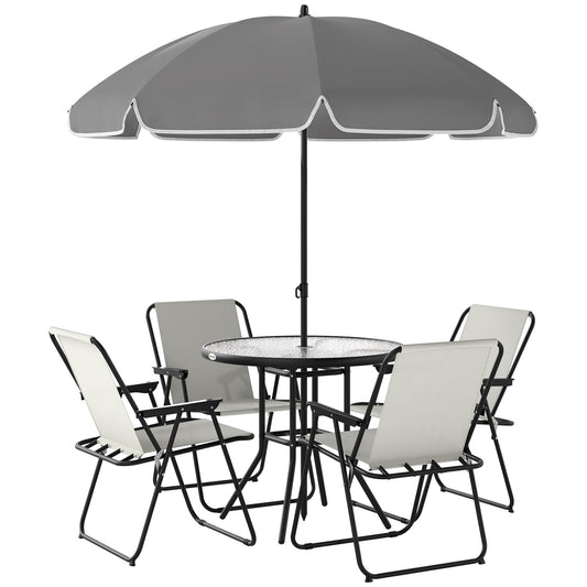 Photo of Outsunny 4 Seater Garden Furniture Set, 6 Pieces Garden Table and Chairs with Parasol, Outdoor Garden Dining Set with Folding Chairs and Round Glass Top Table for Patio, Cream White in White colour on a white background