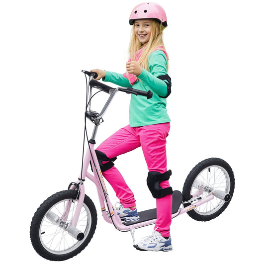 Pink HOMCOM kids scooter with large wheels, shown with a child rider