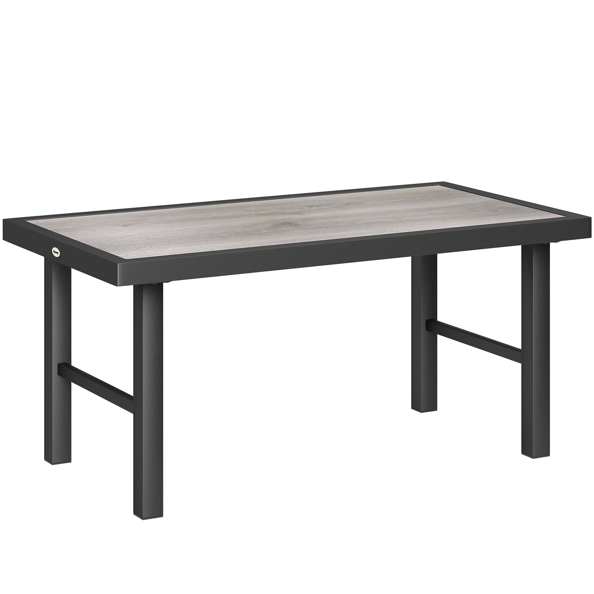 Photo of Outsunny Metal Garden Coffee Table, Outdoor Side Table with SPC Woodgrain Tabletop for Outside, Garden, Balcony, Porch, 100 x 53 x 46cm, Grey in Grey colour on a white background