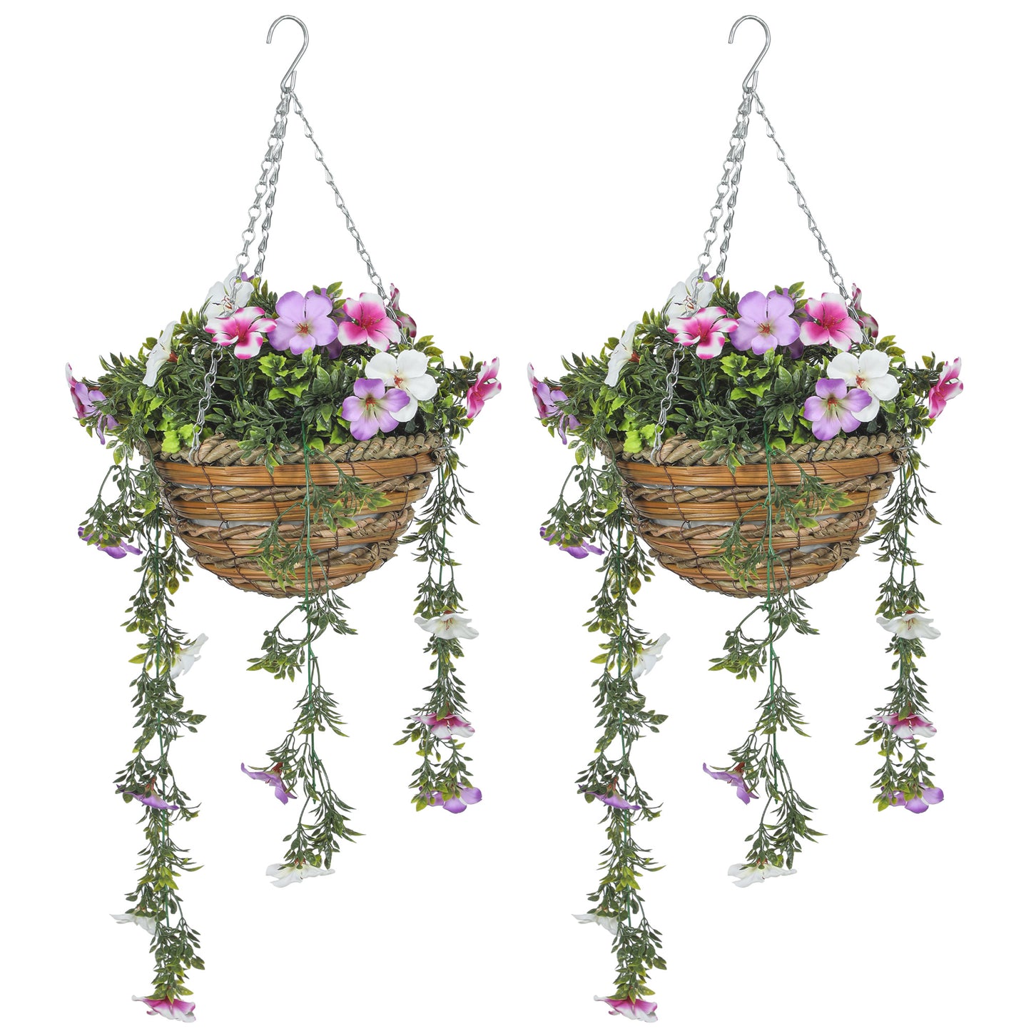 Photo of HOMCOM Set of 2 Artificial Silk Azalea Flowers, Hanging Planters with Basket, Faux Plants for Home Indoor Outdoor Decor, Pink and White in White colour on a white background