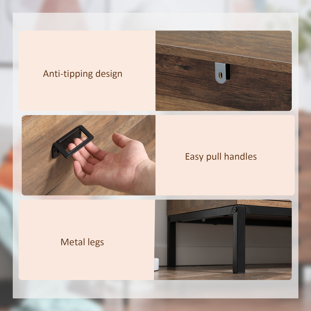 Brown four-drawer chest with anti-tip hardware, easy-pull handles, and black metal legs