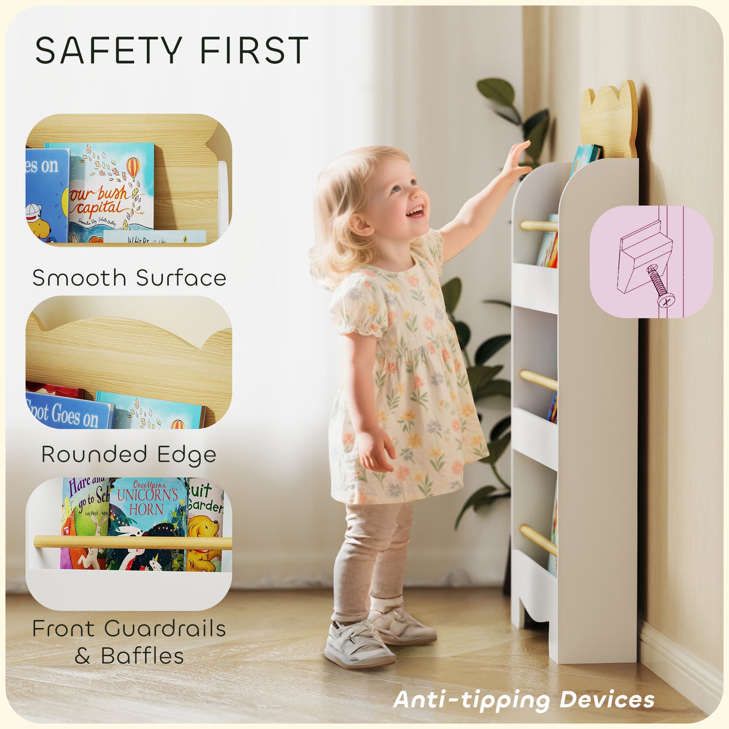 AIYAPLAY Kids Bookshelf, 3 Tier Children Bookcase, Bear Theme Toddler Space-Saving Bookcase for Living Room, White