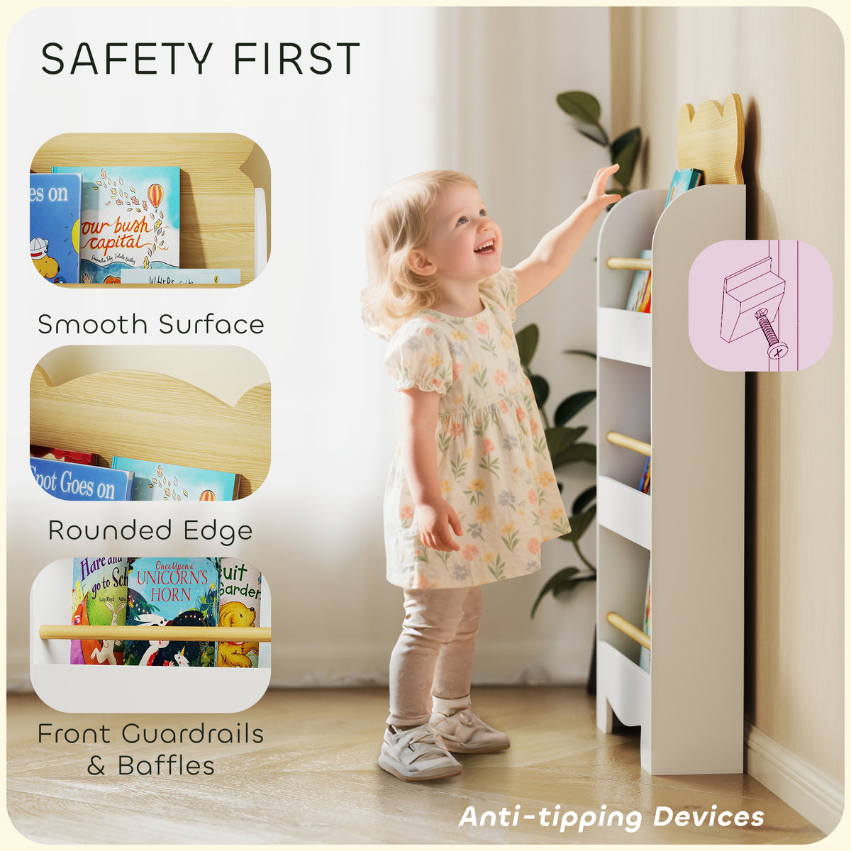 AIYAPLAY Kids Bookshelf, 3 Tier Children Bookcase, Bear Theme Toddler Space-Saving Bookcase for Living Room, White