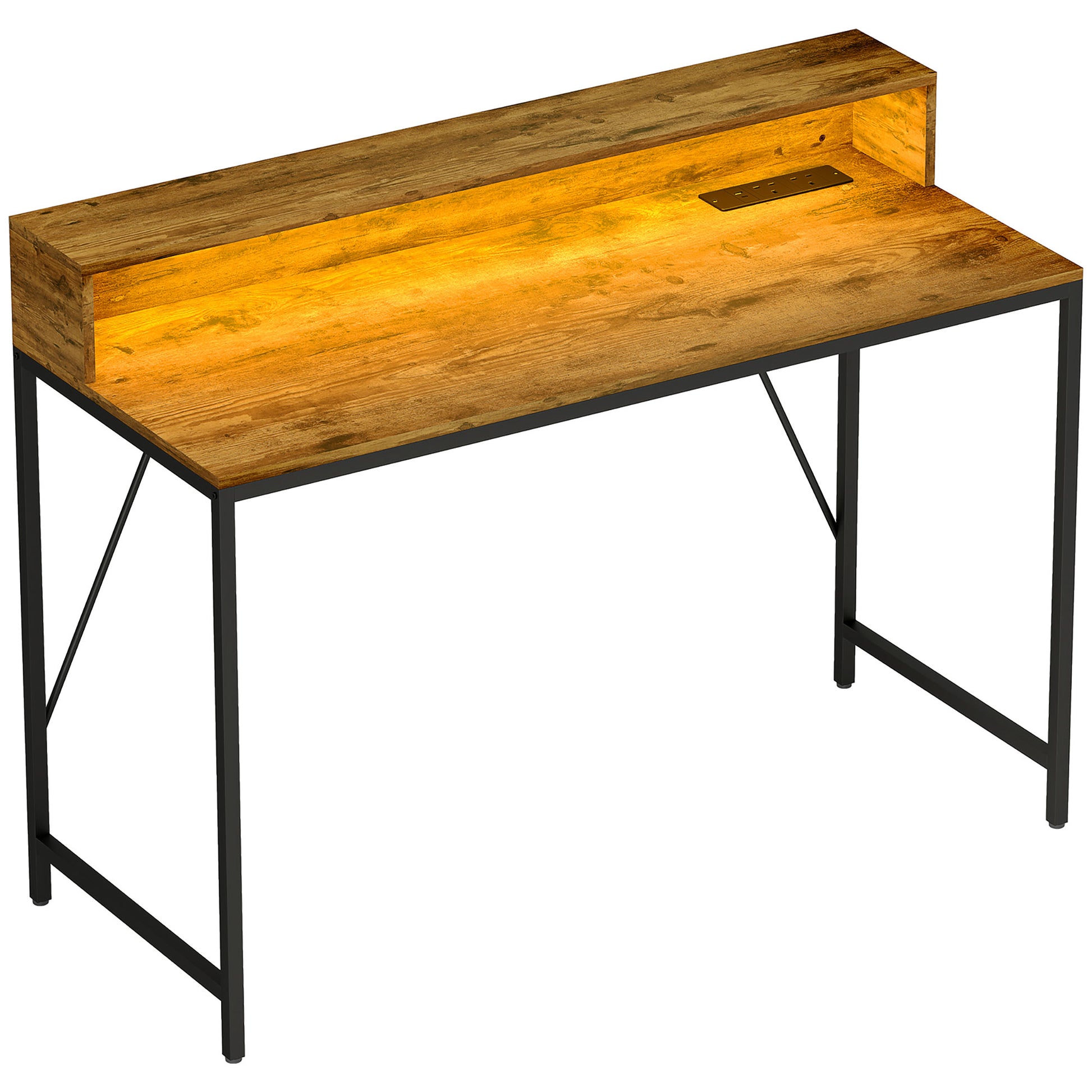 Photo of HOMCOM 120cm Computer Desk with LED Lights and Power Outlets, Gaming Desk with Monitor Stand, Computer Table with Remote for Home Office Study, Rustic Brown in Brown colour on a white background