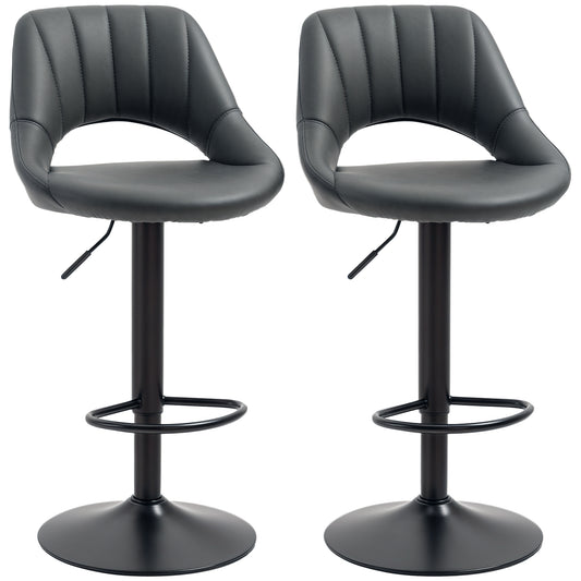 HOMCOM set of two gray PU leather swivel bar stools with backrests, footrests, and round bases