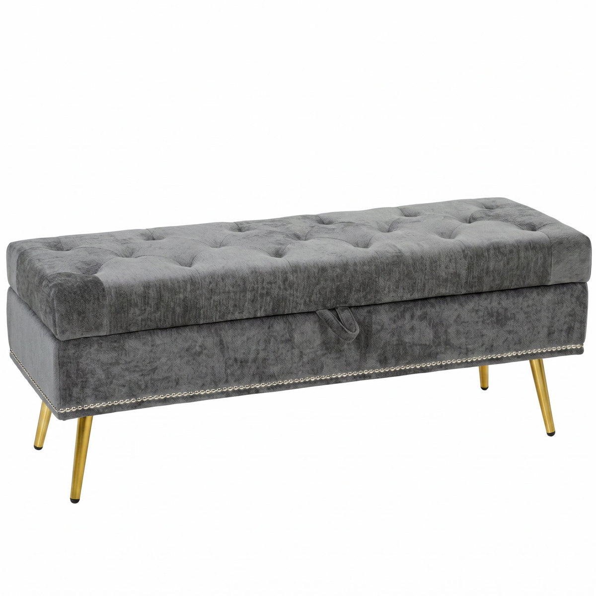 Photo of HOMCOM Storage Ottoman, Chenille Upholstered Ottoman Storage Box with Padded Seat, Metal Legs, 114 x 41 x 45 cm, Grey in Grey colour on a white background