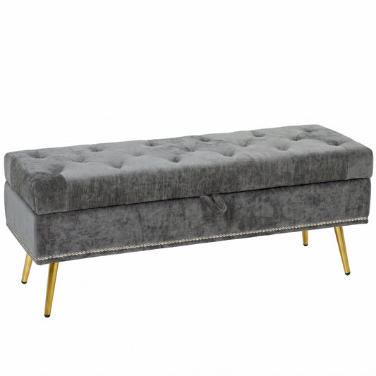Photo of HOMCOM Storage Ottoman, Chenille Upholstered Ottoman Storage Box with Padded Seat, Metal Legs, 114 x 41 x 45 cm, Grey in Grey colour on a white background