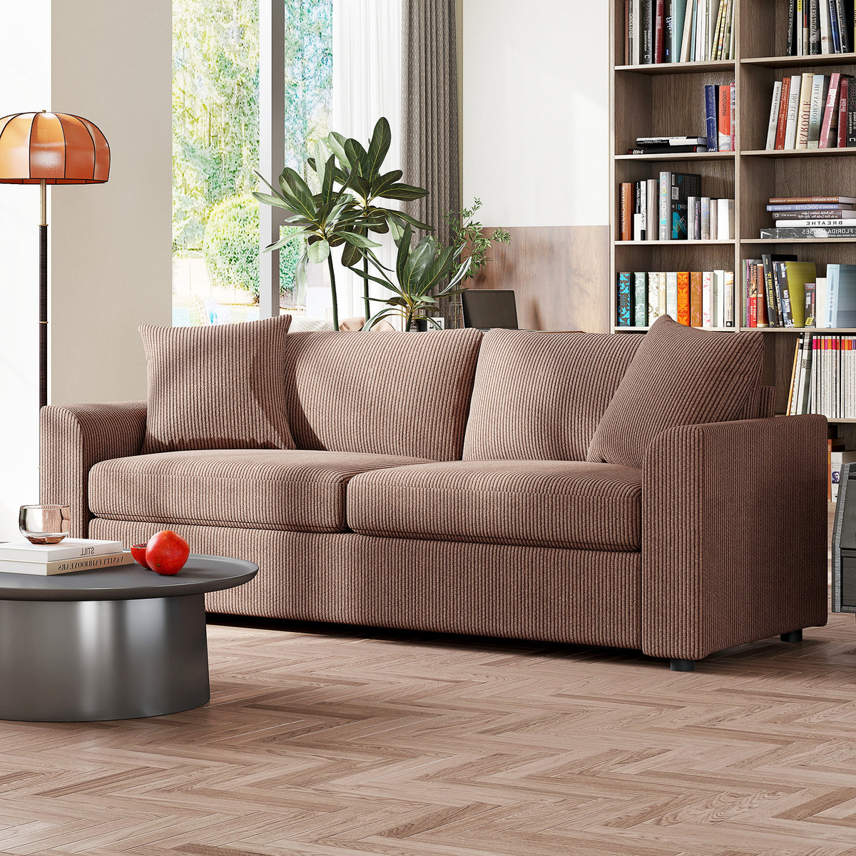 HOMCOM 3 Seater Sofa, 212cm Corduroy Couch with Spring Cushion, Wide and Deep Seat, Plush Backrest, 2 Pillows, Sofa Settee for Living Room, Home Office, Coffee
