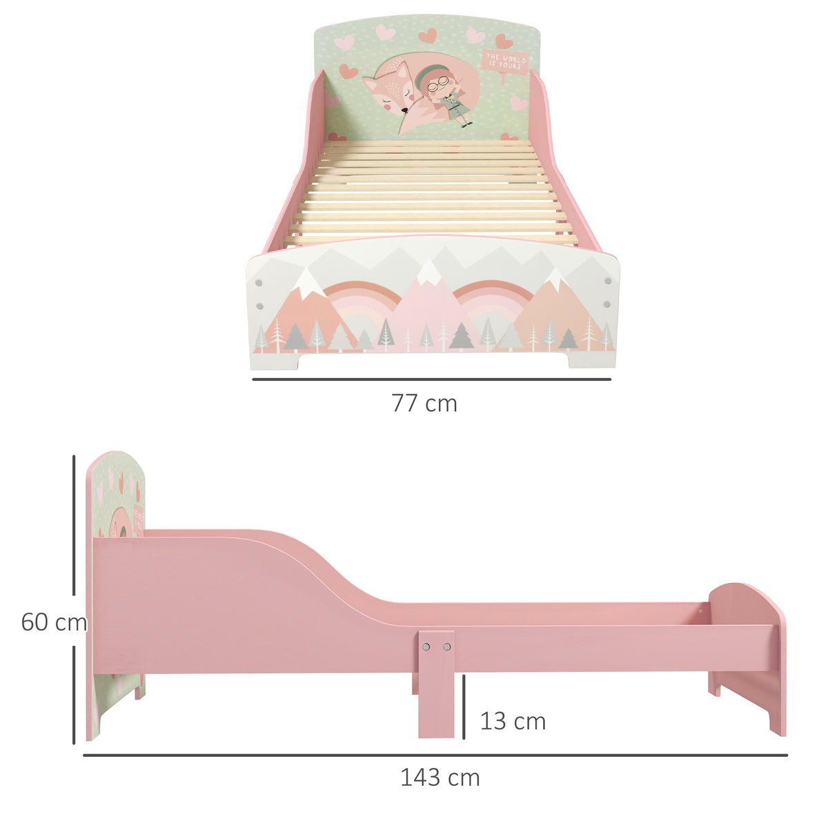 Pink toddler bed with mountain-print panels, shown with dimensions of 143 by 77 cm