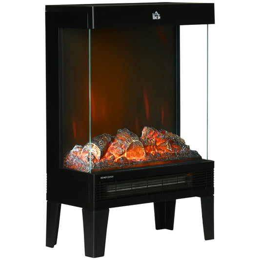 Photo of HOMCOM 180° Charming Electric Fireplace Heater, Quiet Freestanding Stove with LED Flame Effect, 3-Sided Tempered Glass Panels, Level-less Temperature Control, Overheat Protection, 1000W/2000W, Black in Black colour on a white background