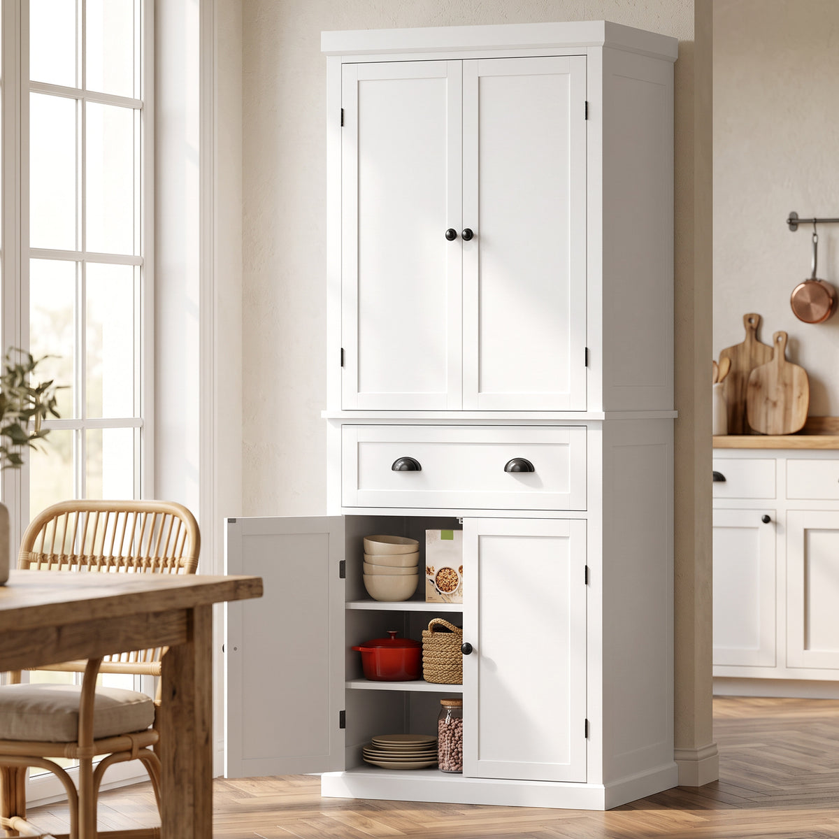 HOMCOM Tall Kitchen Cupboard, 183 cm Freestanding Storage Cabinet with Drawer, 4 Doors and Adjustable Shelves, White