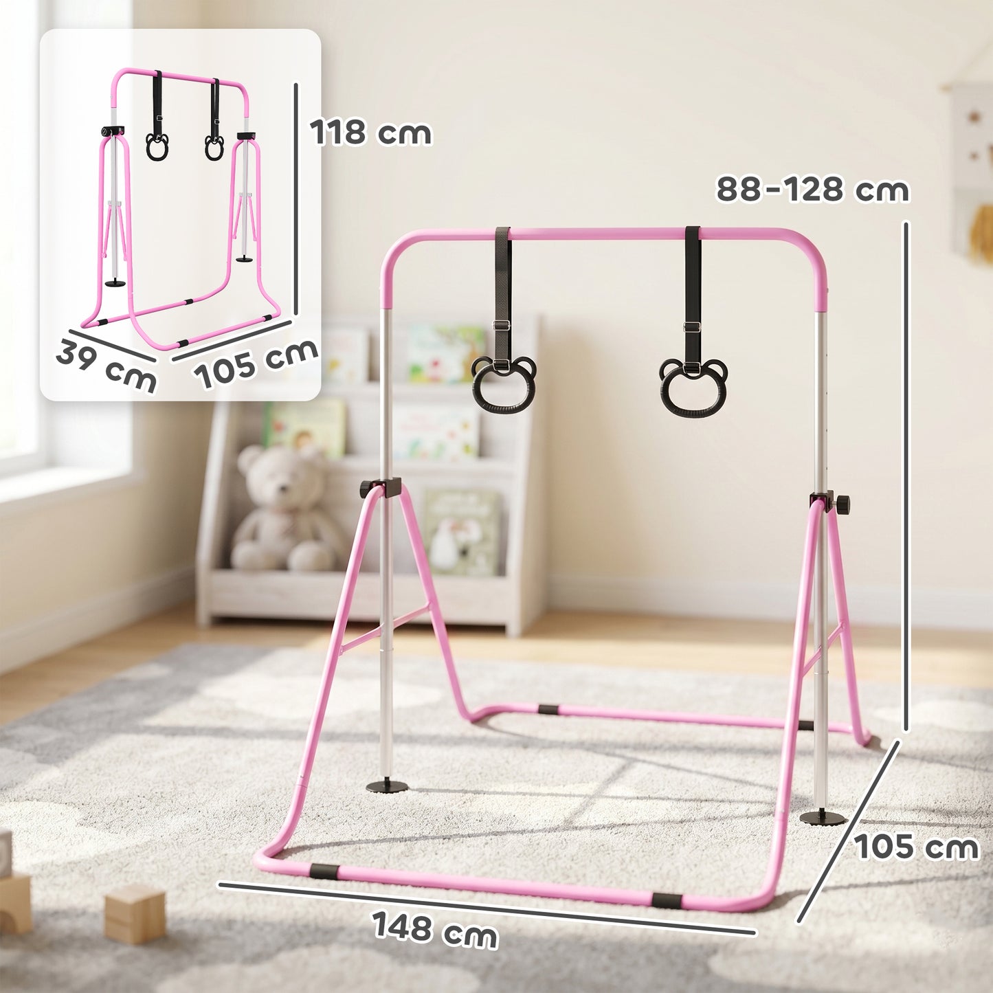 HOMCOM Adjustable Height, Foldable Kids Gymnastics Bar w/ Non-slip Rubber Floor Rings, for 3+ Years, Pink