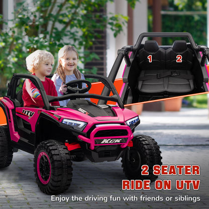 Pink two-seat electric ride-on truck with two black seats and seat belts