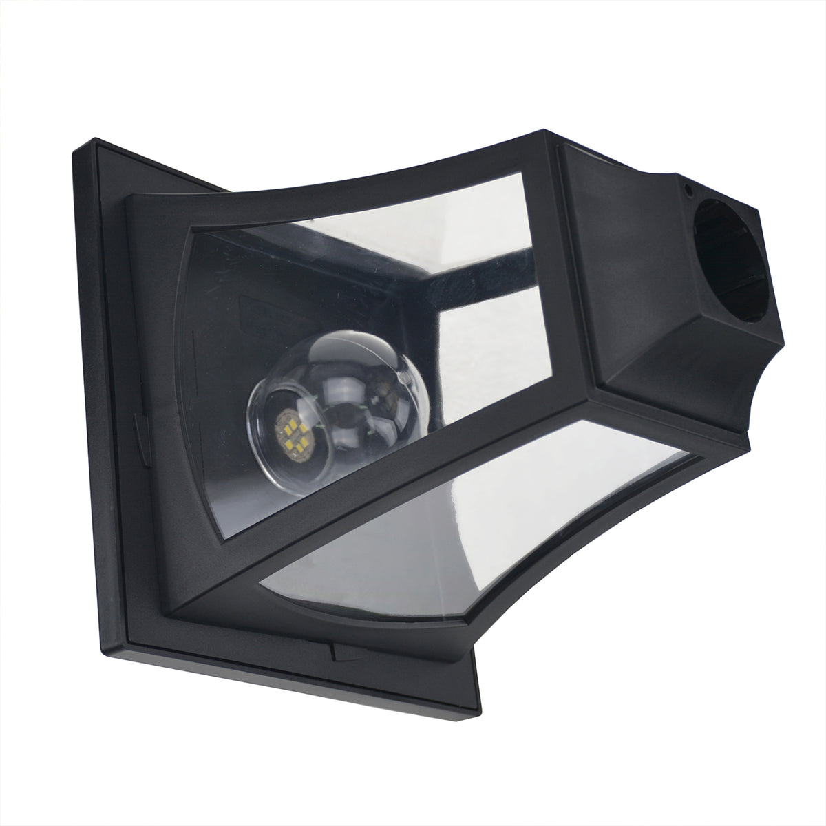 Close-up of a black solar lantern head with clear panels and visible LED bulb