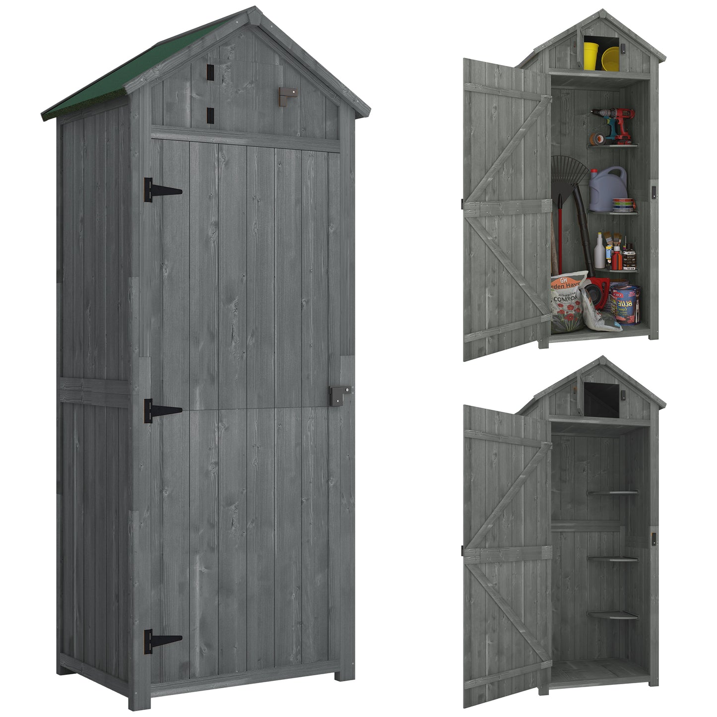 Photo of Outsunny Wooden Garden Shed, Utility Outdoor Small Shed with Lockable Double Doors, Shelves and Roof Hatch, Grey in Grey colour on a white background