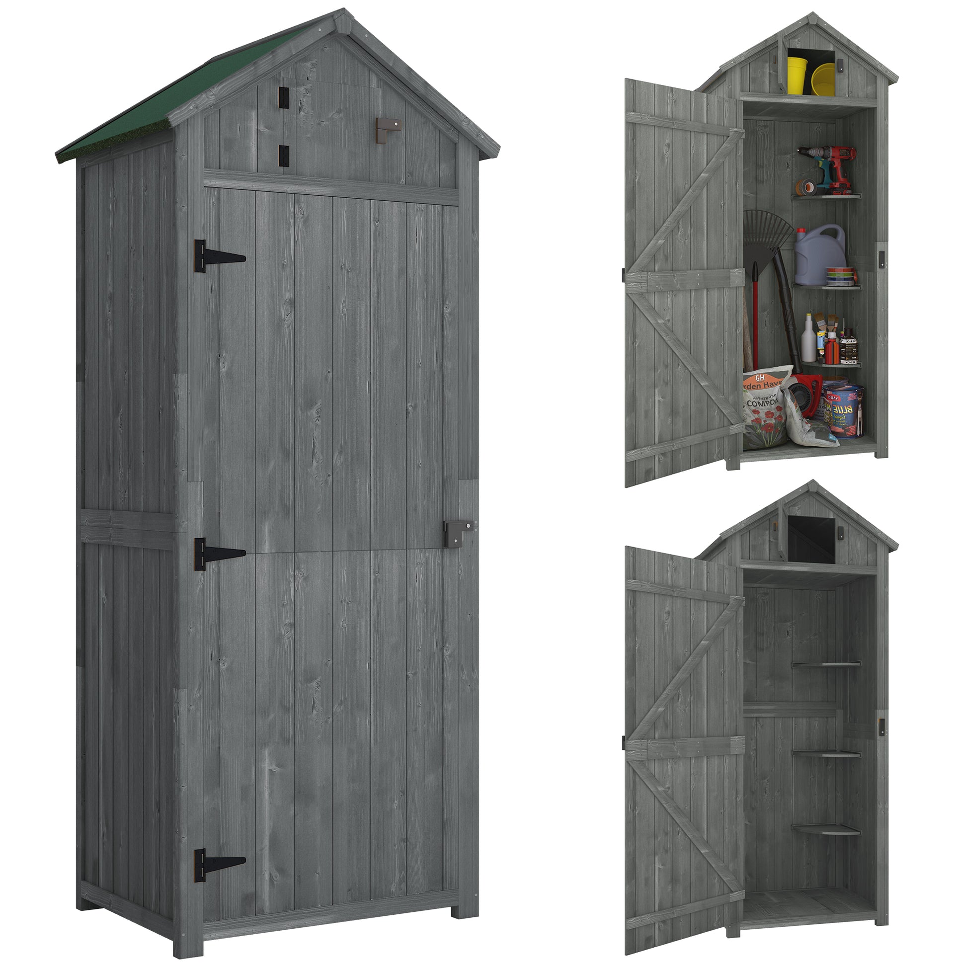 Photo of Outsunny Wooden Garden Shed, Utility Outdoor Small Shed with Lockable Double Doors, Shelves and Roof Hatch, Grey in Grey colour on a white background