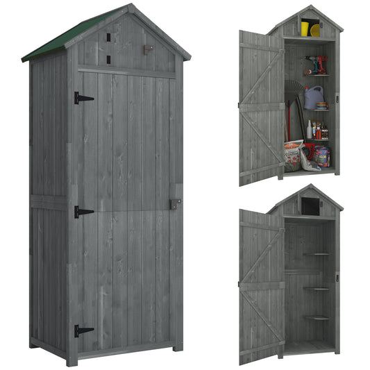 Photo of Outsunny Wooden Garden Shed, Utility Outdoor Small Shed with Lockable Double Doors, Shelves and Roof Hatch, Grey in Grey colour on a white background