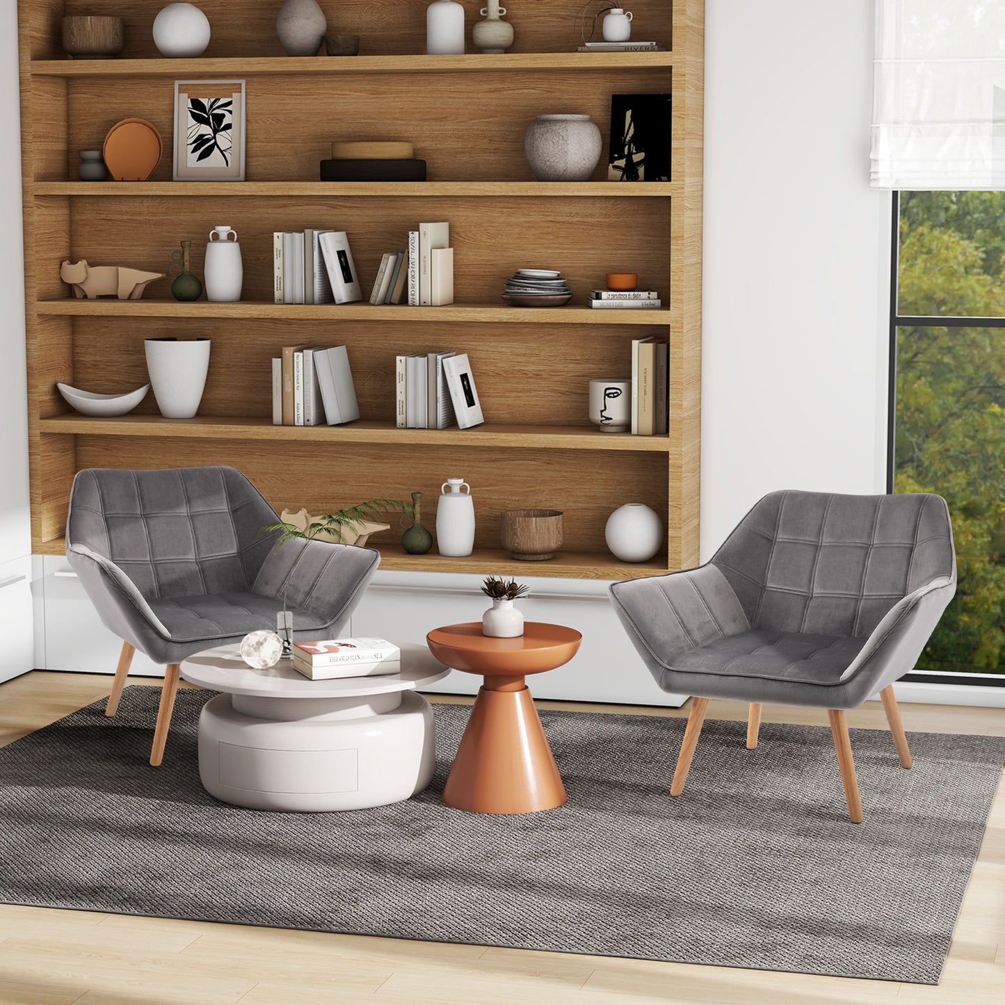 HOMCOM Accent Chair, Velvet Upholstered Vanity Tub Chair with Flared Armrests, Slanted Back, Solid Wood Legs, Comfy Padding Armchair, Home Bedroom Furniture Seating, Set of 2, Grey