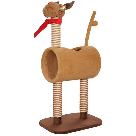 Photo of PawHut 98cm Deer-Designed Cat Tree with Scratching Posts, Toy Ball, Tunnel, Brown in Brown colour on a white background