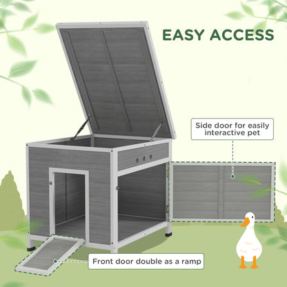 PawHut wooden duck house with raised roof, side door and front ramp