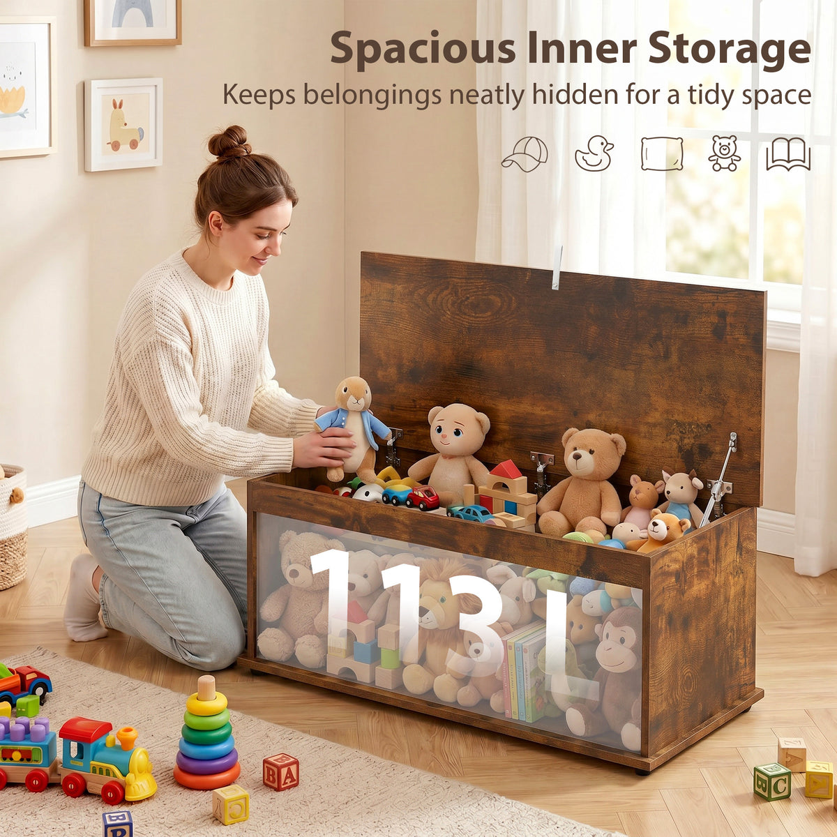 Rustic brown storage chest holding toys, with a hinged lid and clear front panel