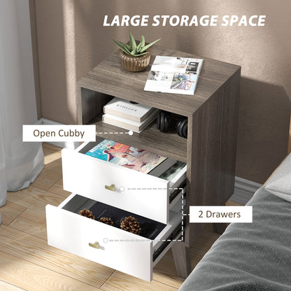 HOMCOM bedside table with open cubby and two drawers pulled open for storage