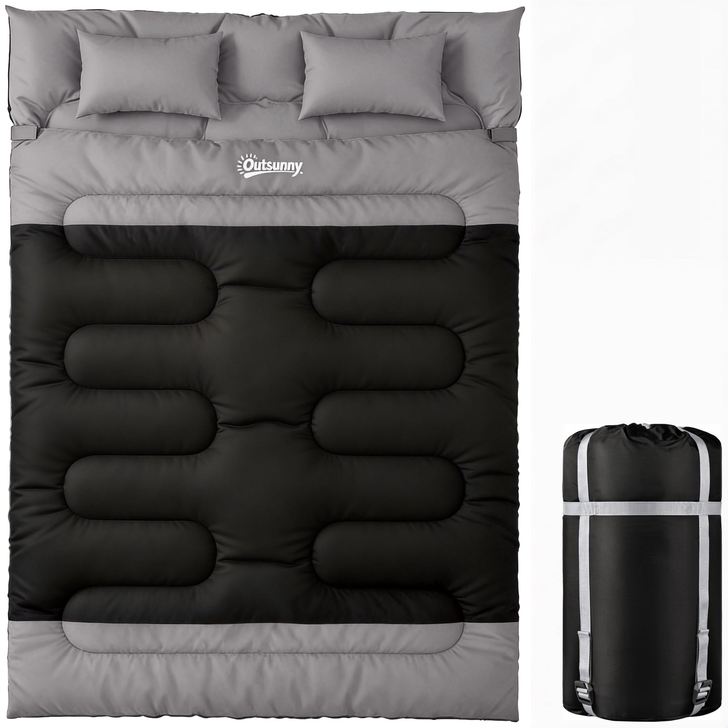 Photo of Outsunny Double Sleeping Bag with 2 Pillows, 220 x 160 cm Extra-Large Sleeping Bag for Adults, Black and Grey in Grey colour on a white background