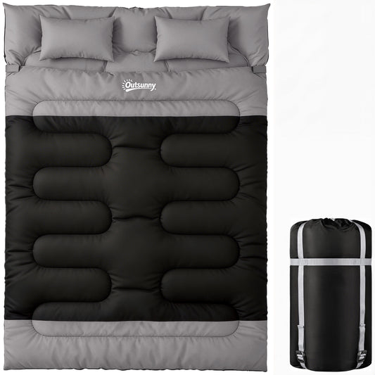 Photo of Outsunny Double Sleeping Bag with 2 Pillows, 220 x 160 cm Extra-Large Sleeping Bag for Adults, Black and Grey in Grey colour on a white background