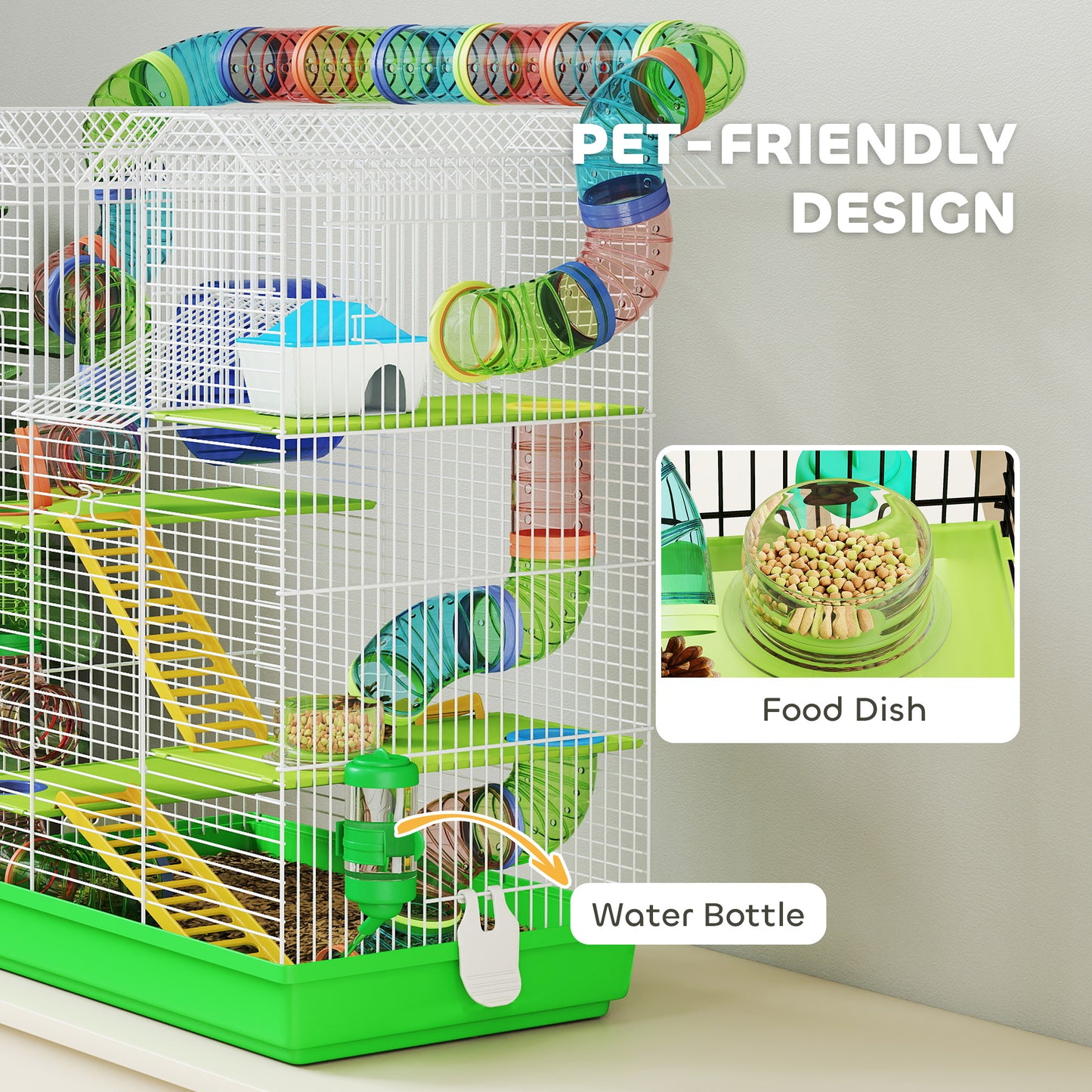 PawHut Hamster Cage, 5 Tier Carrier Habitat with Exercise Wheels Tunnel Tube Water Bottle Dishes House Ladder, Gerbil Cage for Dwarf Mice, Green