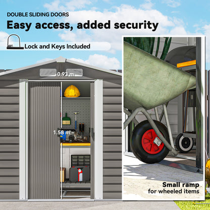 Metal garden shed with sliding doors, lock, keys and wheeled-item access