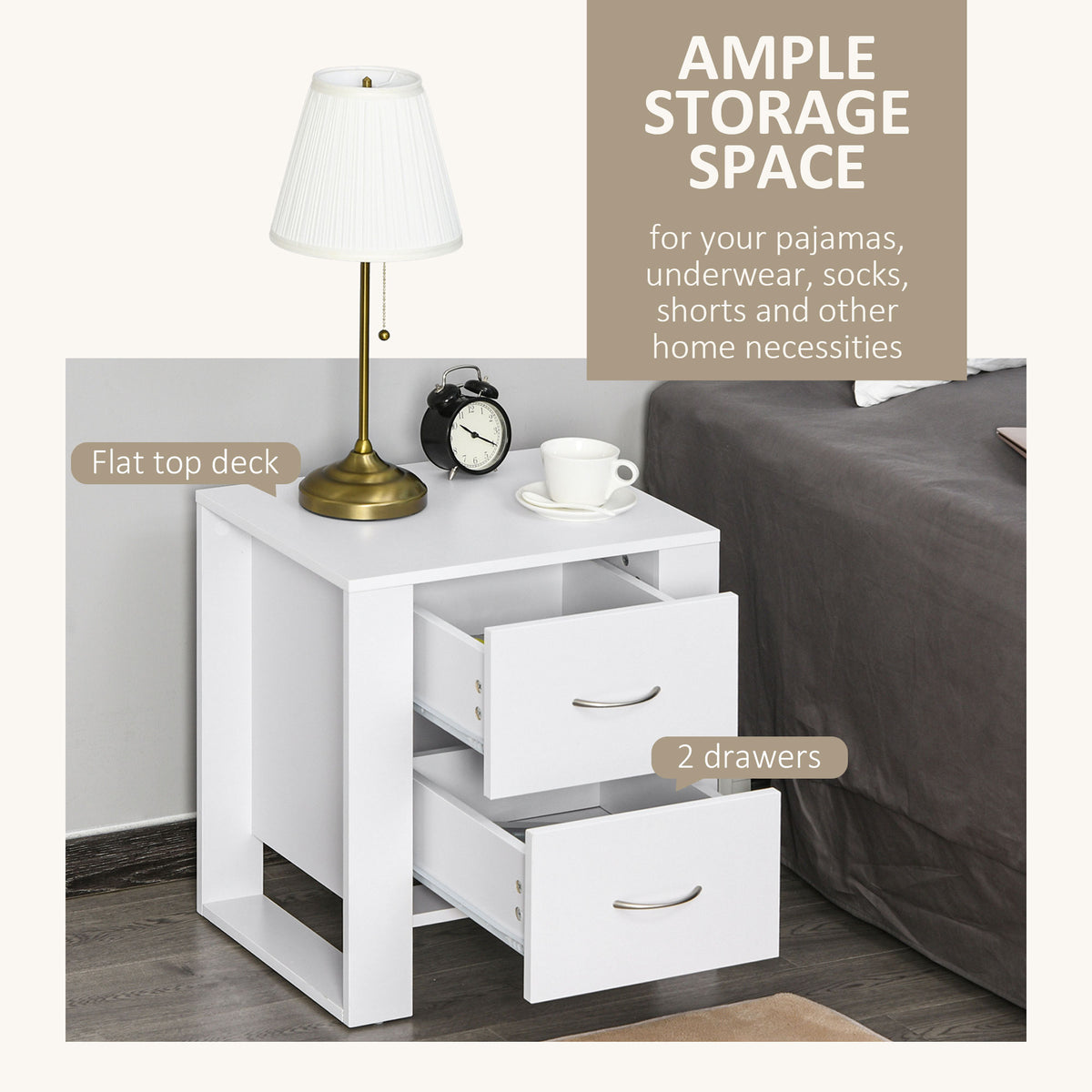 White bedside table with both drawers open, showing storage space and a flat top.