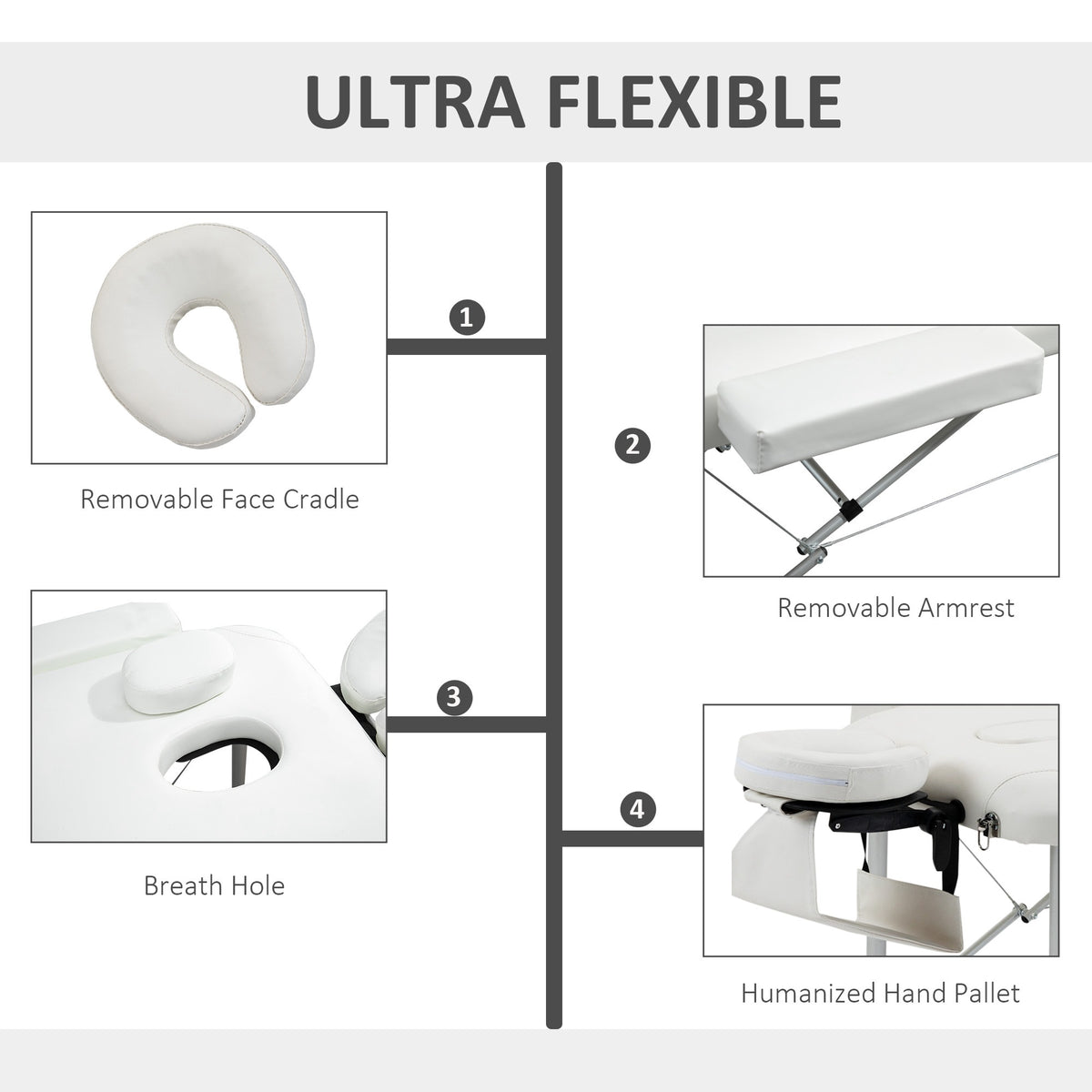 White massage table with removable face cradle, armrests, face hole, and hand support
